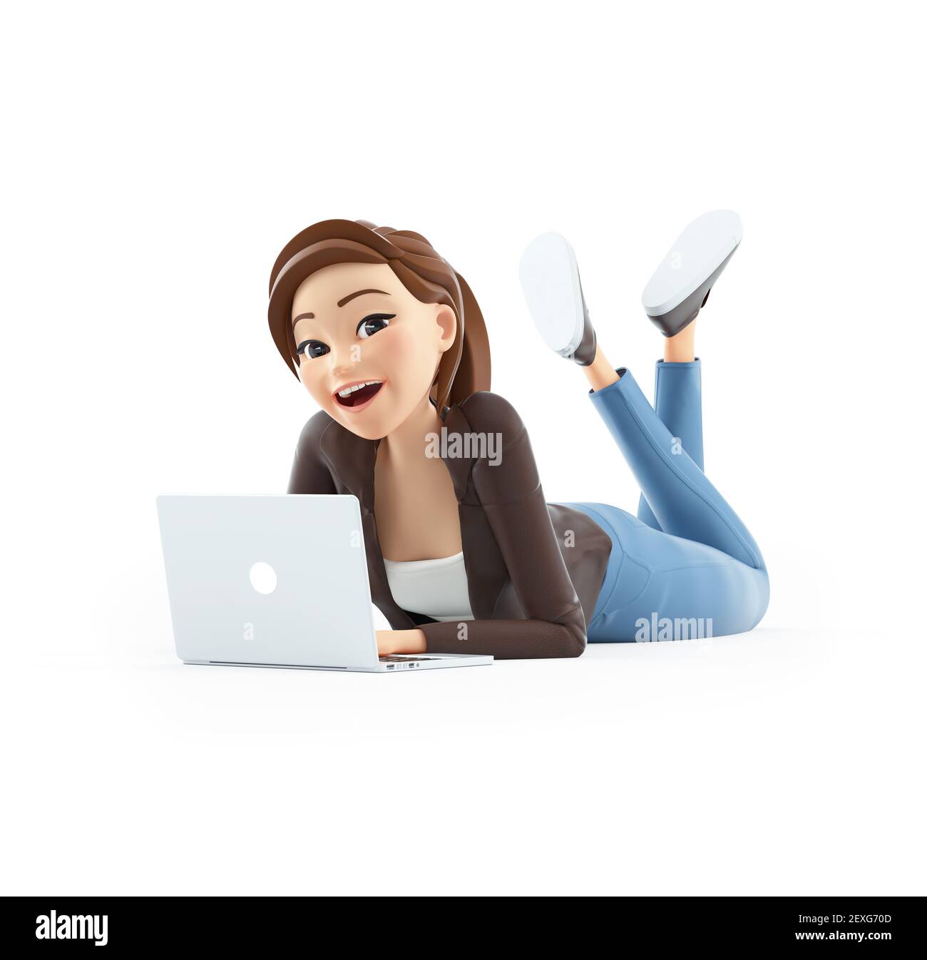 3d cartoon woman working on laptop and lying down on floor, illustration  isolated on white background Stock Photo - Alamy