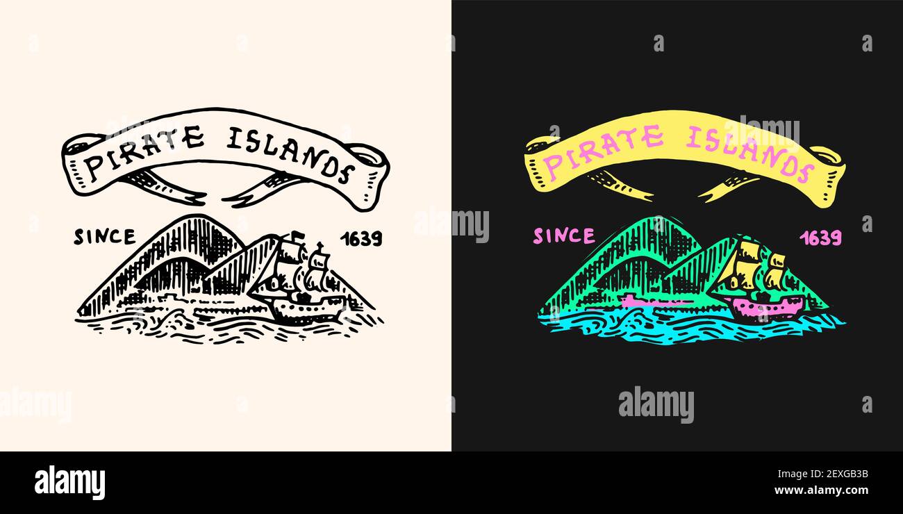 https://c8.alamy.com/comp/2EXGB3B/pirate-treasure-island-with-ribbon-logo-marine-and-nautical-or-sea-ocean-emblem-for-sticker-or-t-shirt-engraved-drawn-old-label-or-badge-2EXGB3B.jpg