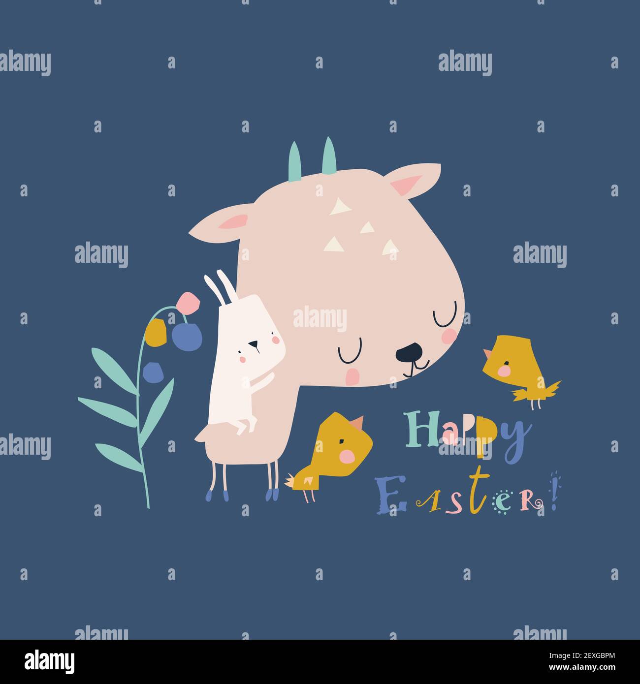Cartoon Easter illustration with deer, rabbits and chicks Stock Vector ...