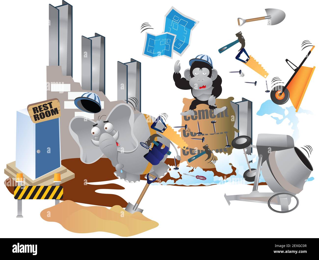 Vector image of elephant and monkey at construction site Stock Photo