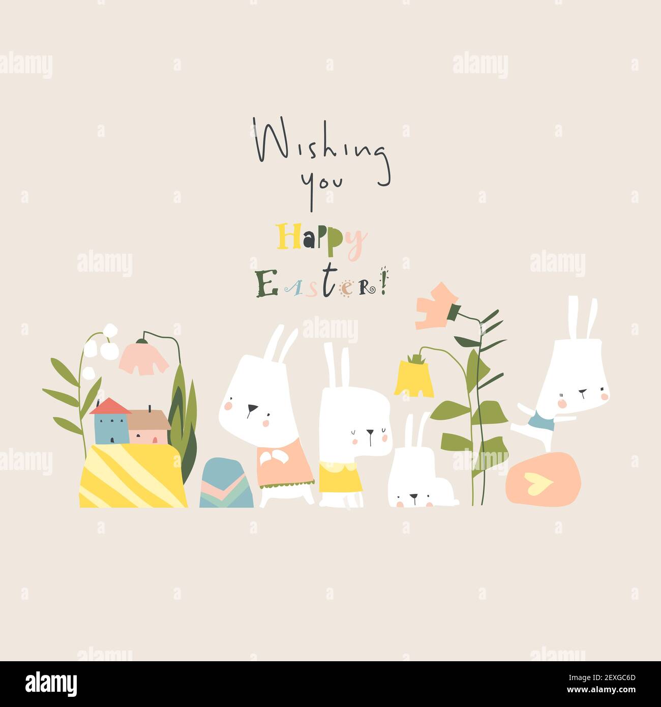 Cartoon Easter illustration with rabbits, flowers and easter eggs Stock Vector