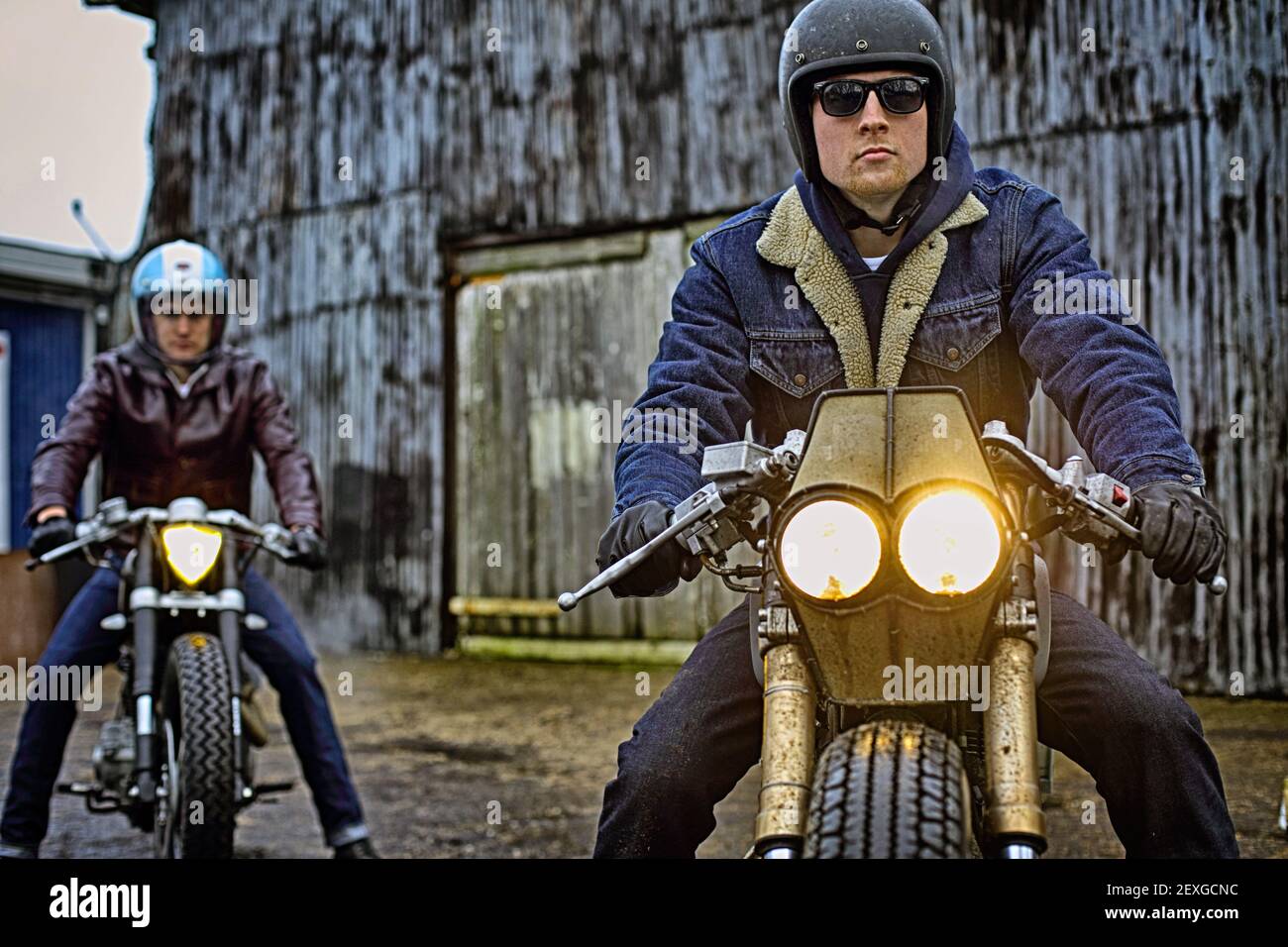 Two rider on motorbikes vintage custom motorcycles caferacers Stock ...