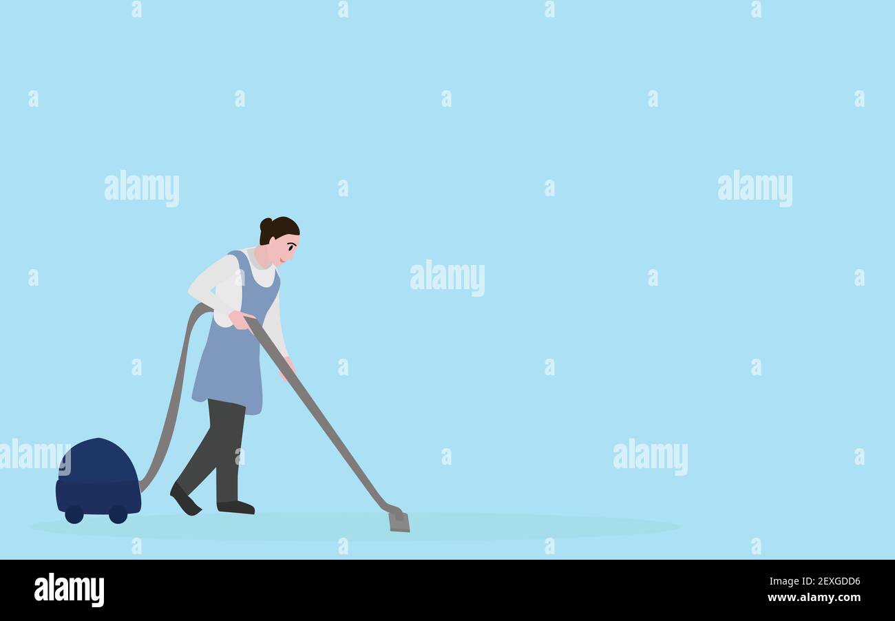 woman in blue apron cleans with a vacuum cleaner on blue background ...