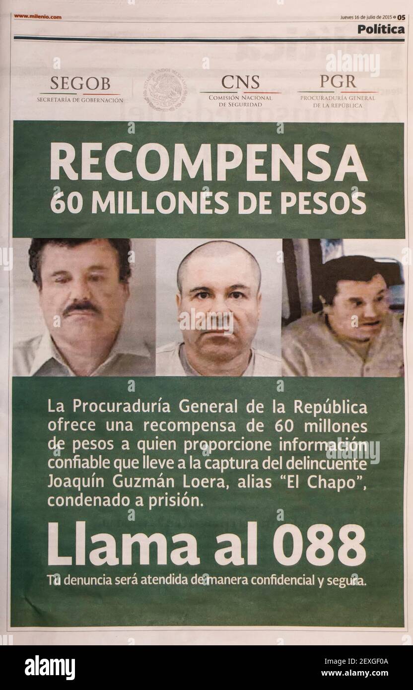Wanted poster in Mexican newspaper for Joaquin Guzman (El Chapo) narco cartel leader  60 million pesos MX (US$ 3 million) Stock Photo