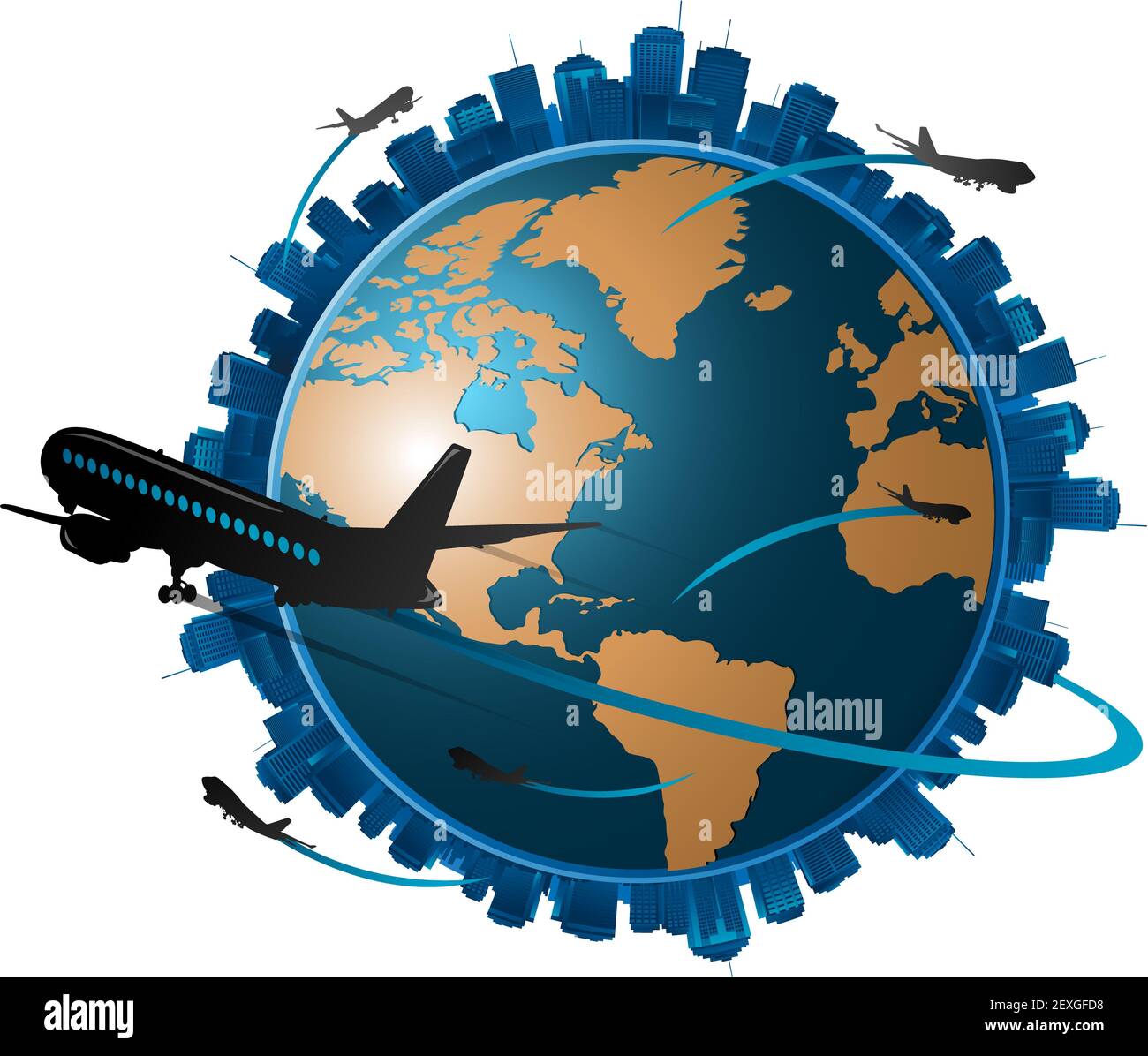 Airplane travelling around the globe, travel concept Stock Photo
