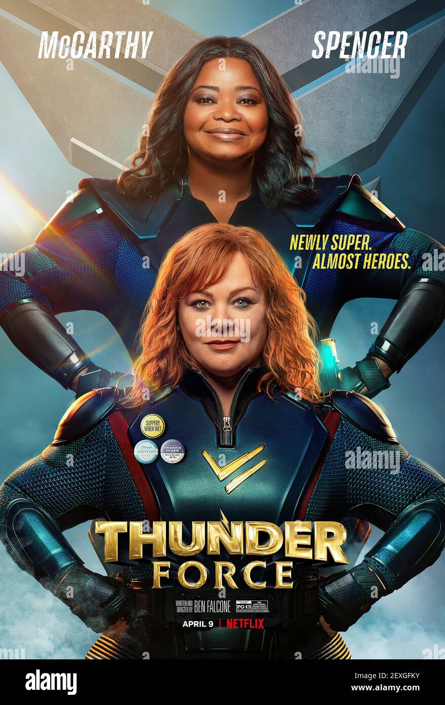Thunder Force (2021) directed by Ben Falcone and starring Pom Klementieff, Jason Bateman and Melissa McCarthy. TV series about two friends who form a superhero team after one devises a treatment that gives them powers to protect their city. Stock Photo