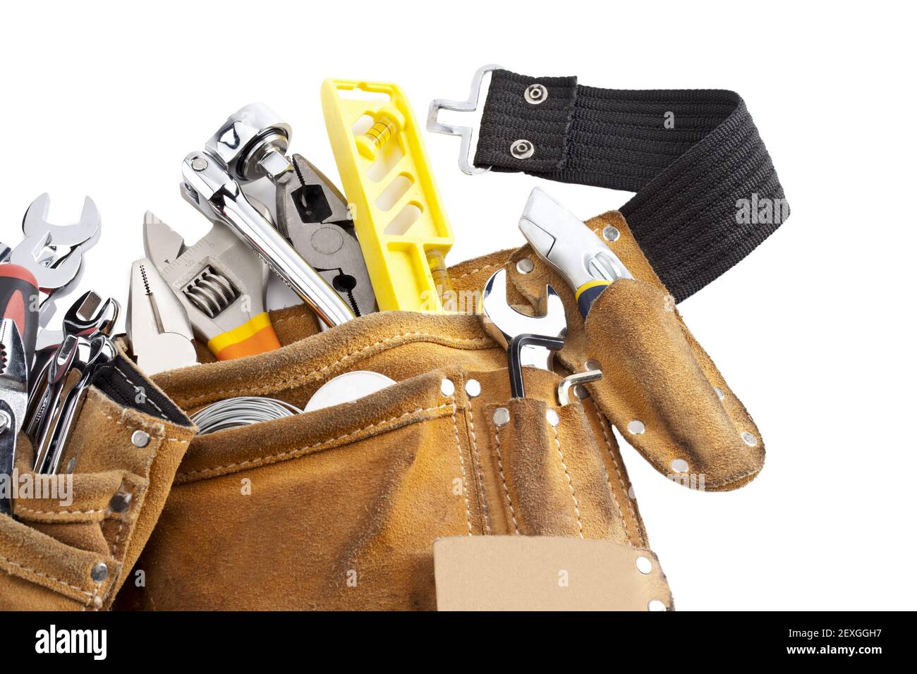 Tool belt with work tools on white background Stock Photo - Alamy