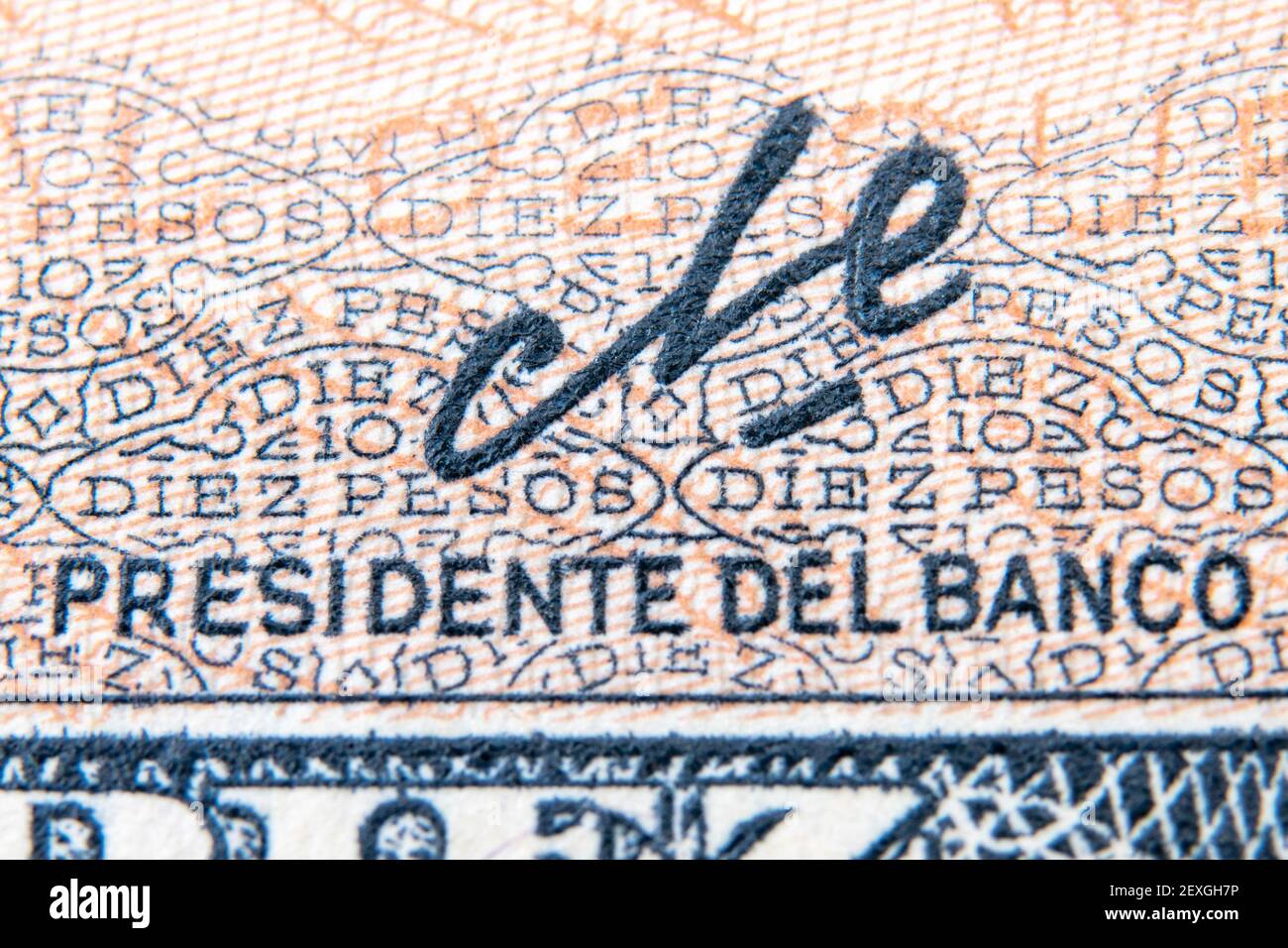 Che Guevara signature in a ten 'pesos' bill from 1960 when he was president of the bank in Cuba Stock Photo