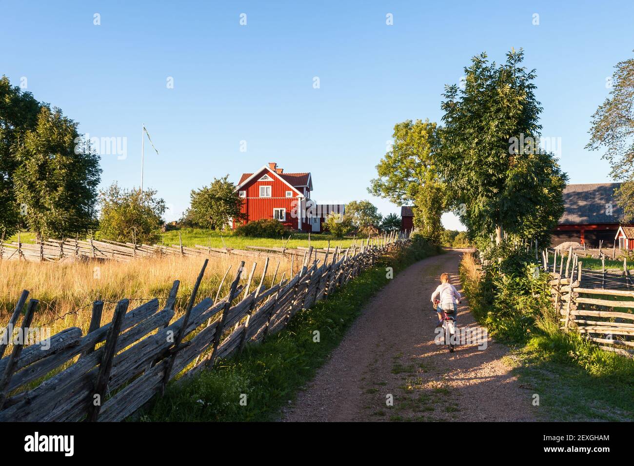 Child riding a bike in rural Sweden Stock Photo