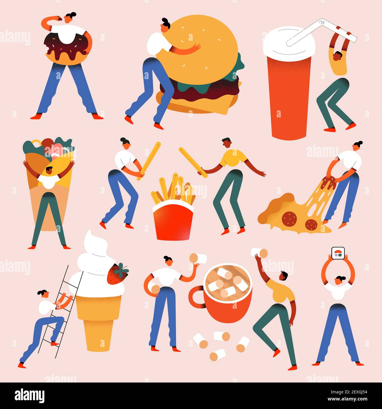 Foodie people. Tiny humans with huge food, eating, pulling and dragging fast food, burger, sushi and pizza, loving food concept, vector characters Stock Vector