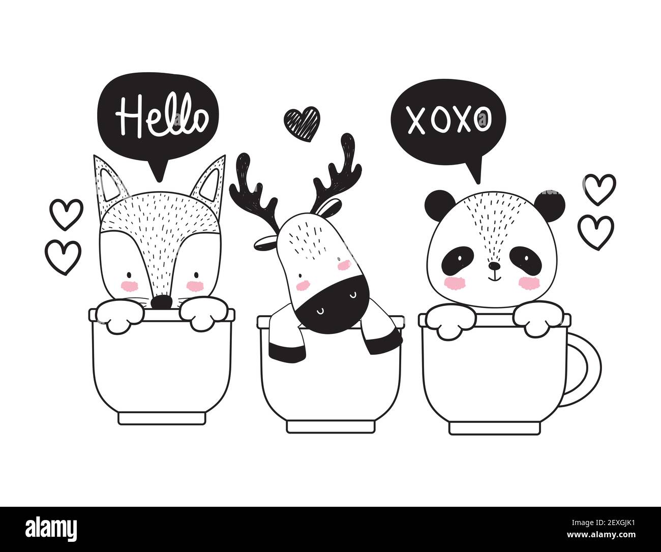 cute animals on cups sketch Stock Vector