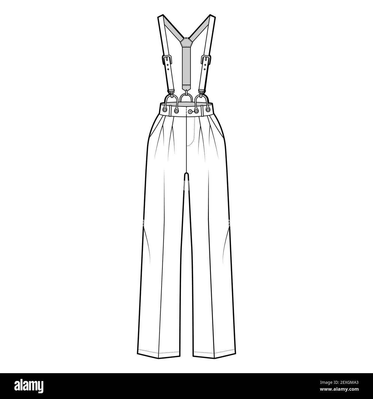 Suspender Pants Dungarees technical fashion illustration with full length, normal waist, high rise, pockets. Flat apparel garment bottom front, white color style. Women, men unisex CAD mockup Stock Vector