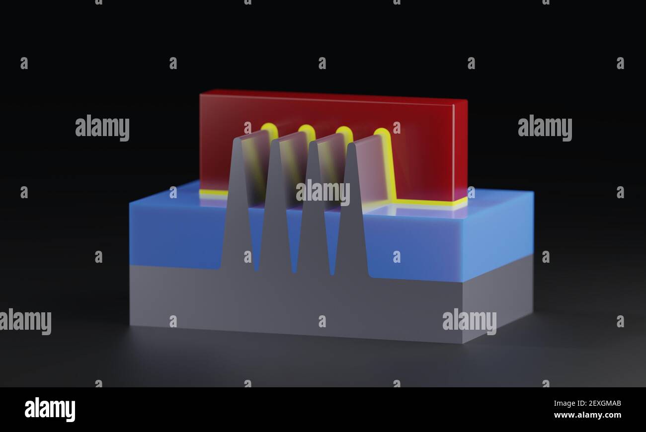 FinFET transistor. 3D model compare the size and area. Illustration for semiconductor transistor structure. Stock Photo