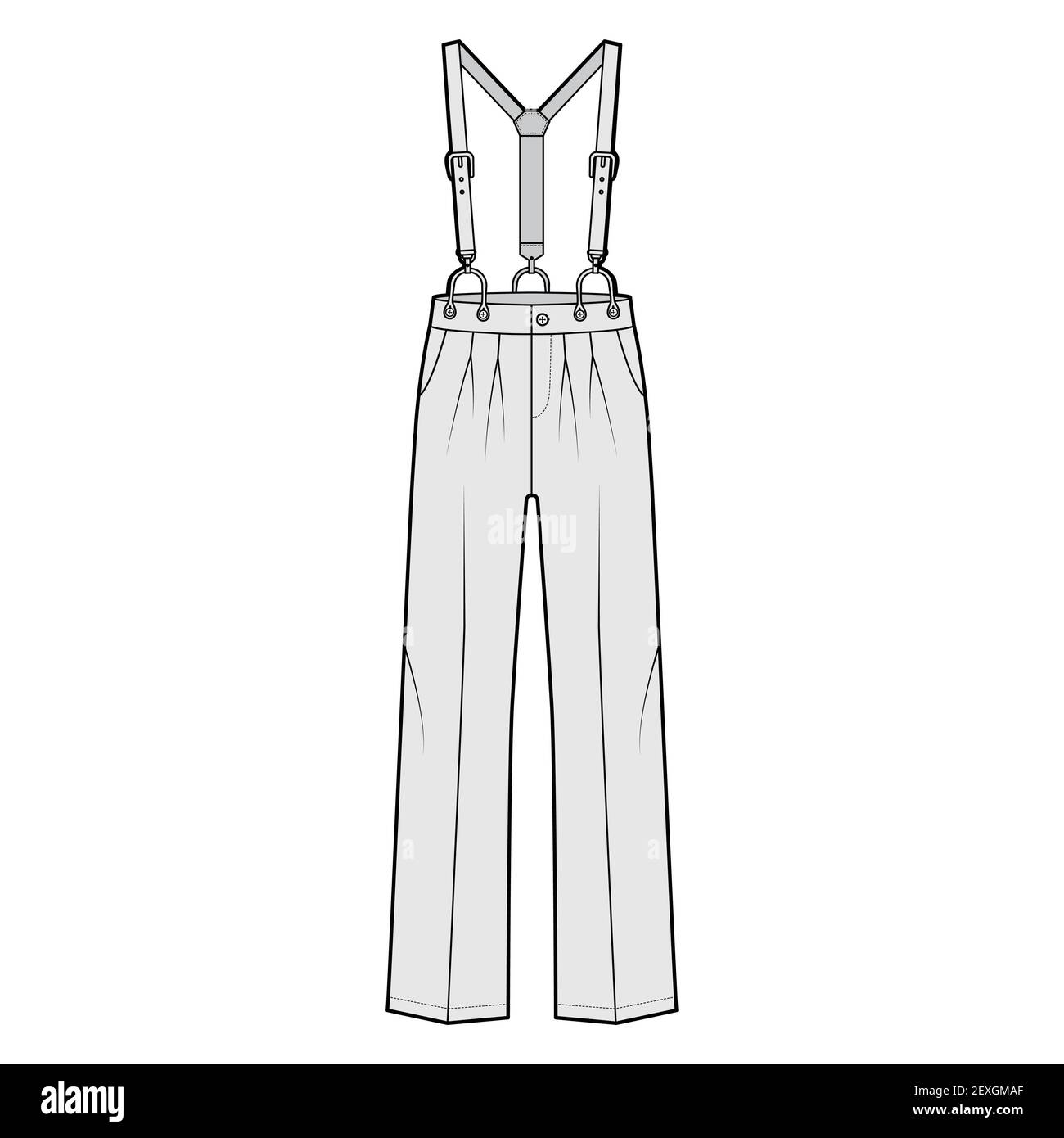 Suspender Pants Dungarees technical fashion illustration with full length, low waist, rise, pockets. Flat apparel garment bottom front, grey color style. Women, men unisex CAD mockup Stock Vector