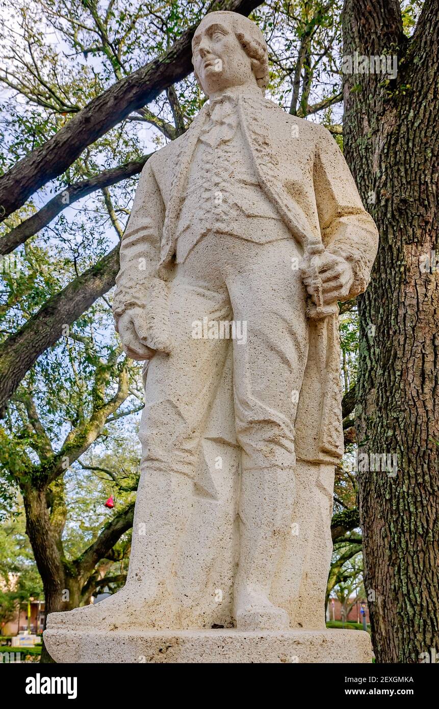A statue of Bernardo de Galvez stands in Spanish Plaza, Feb. 27, 2021
