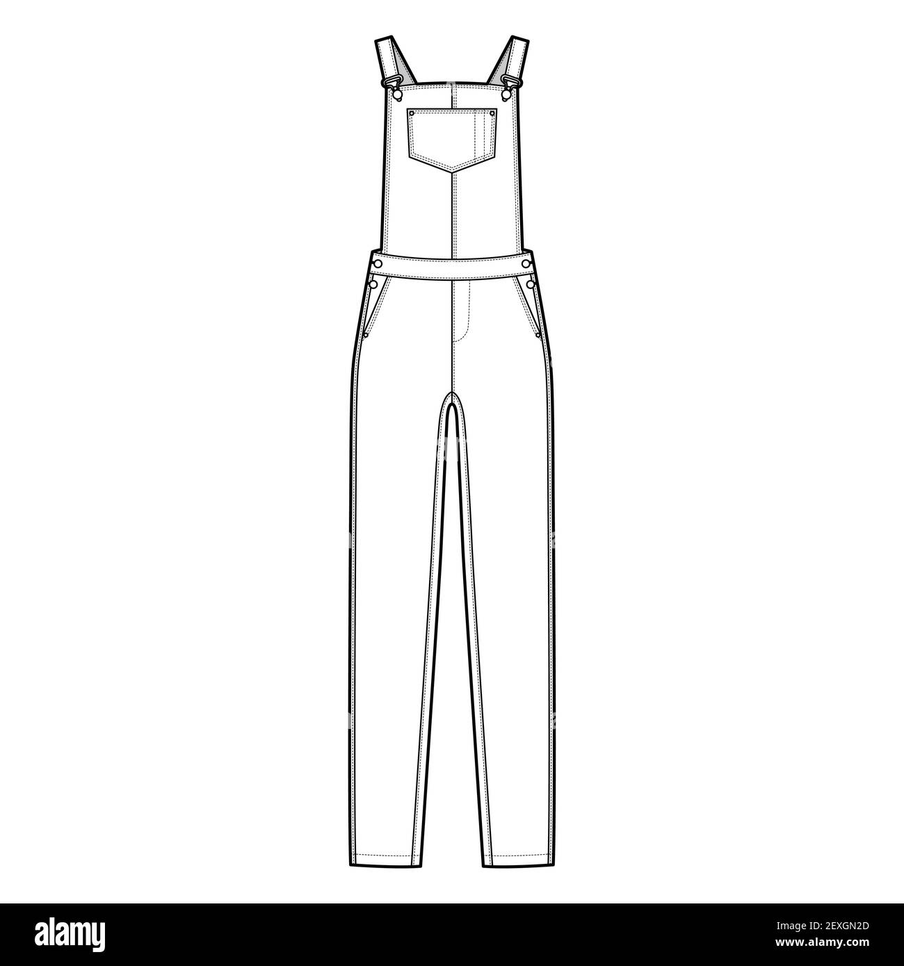 Dungaree Denim overall jumpsuit technical fashion illustration with full  floor length, normal waist, high rise, pockets, Rivets. Flat apparel front,  white color style. Women, men unisex CAD mockup Stock Vector Image &