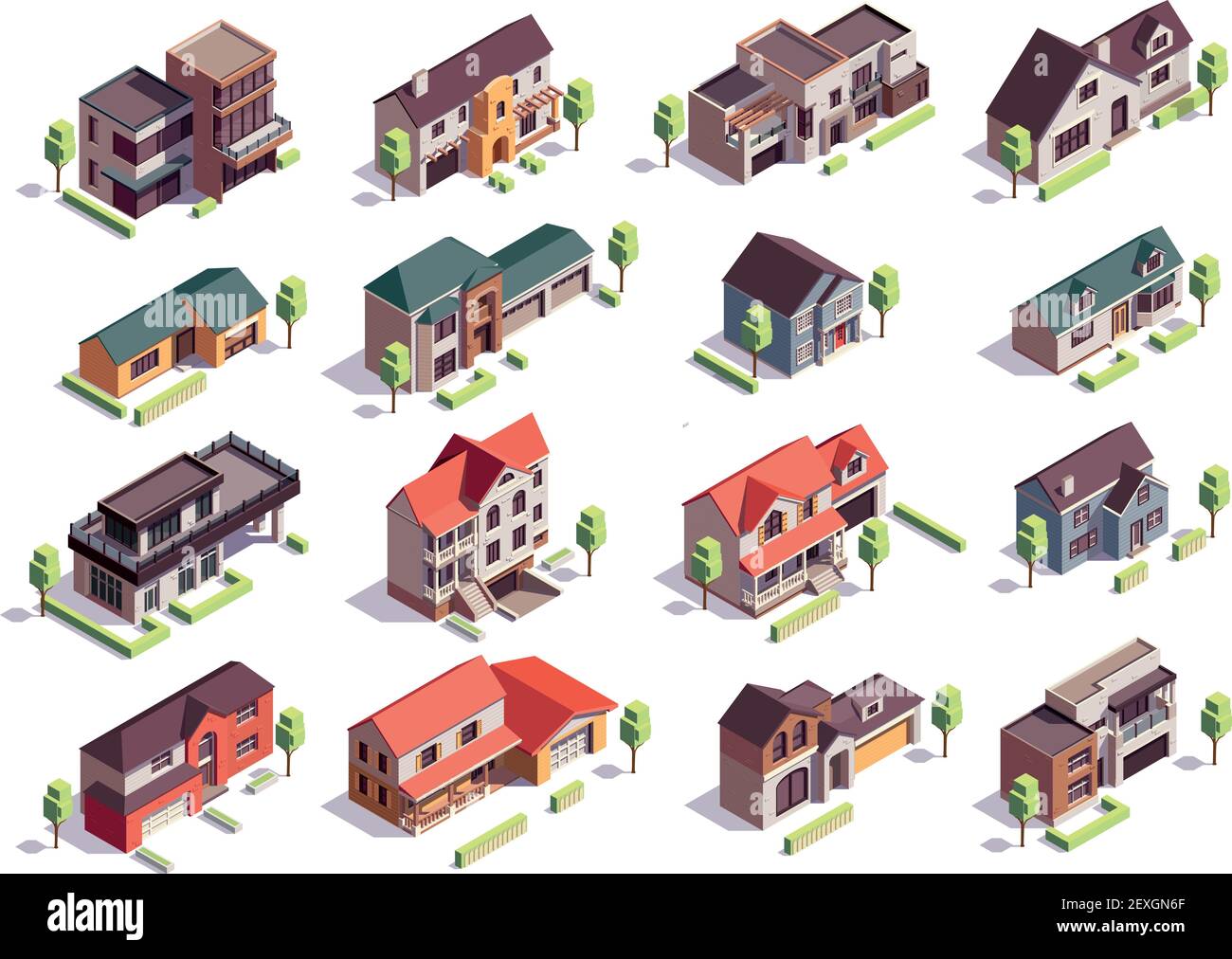Suburbian buildings isometric composition with sixteen isolated images of modern residential houses with garages and trees vector illustration Stock Vector