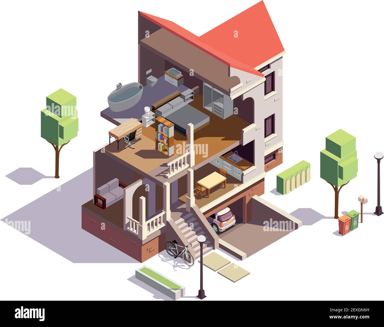 Suburbian buildings isometric composition with profile view of villa residential building with overview of living rooms vector illustration Stock Vector