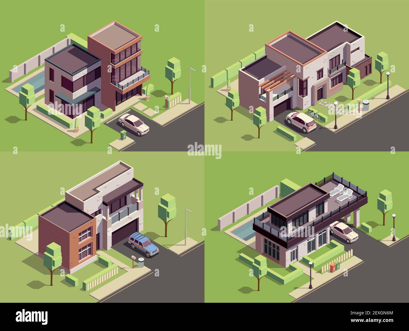 Suburbian buildings isometric 2x2 compositions set with four landmarks residential yards landscapes with modern villa houses vector illustration Stock Vector