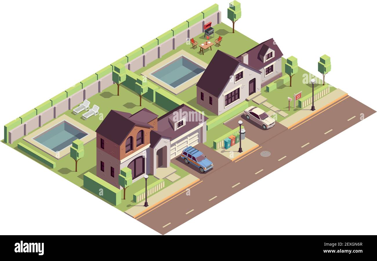 Suburbian buildings isometric composition with outdoor view of two neighbourhood areas with villas and residential yards vector illustration Stock Vector