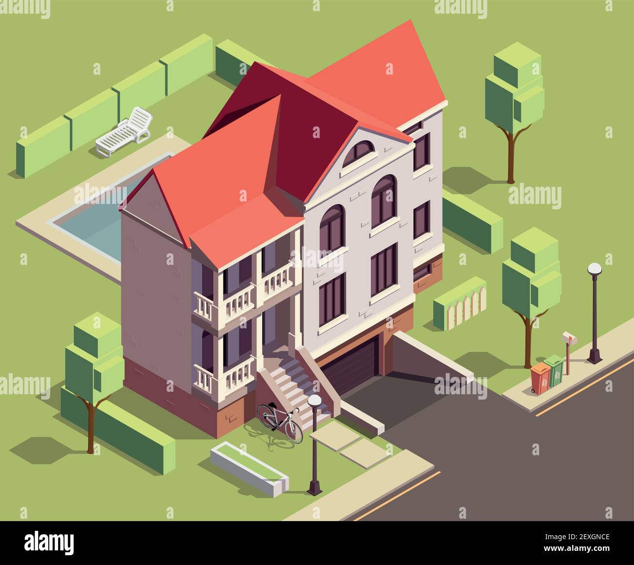 Suburbian buildings isometric composition with outdoor scenery and two-storey living house with yard and trees vector illustration Stock Vector