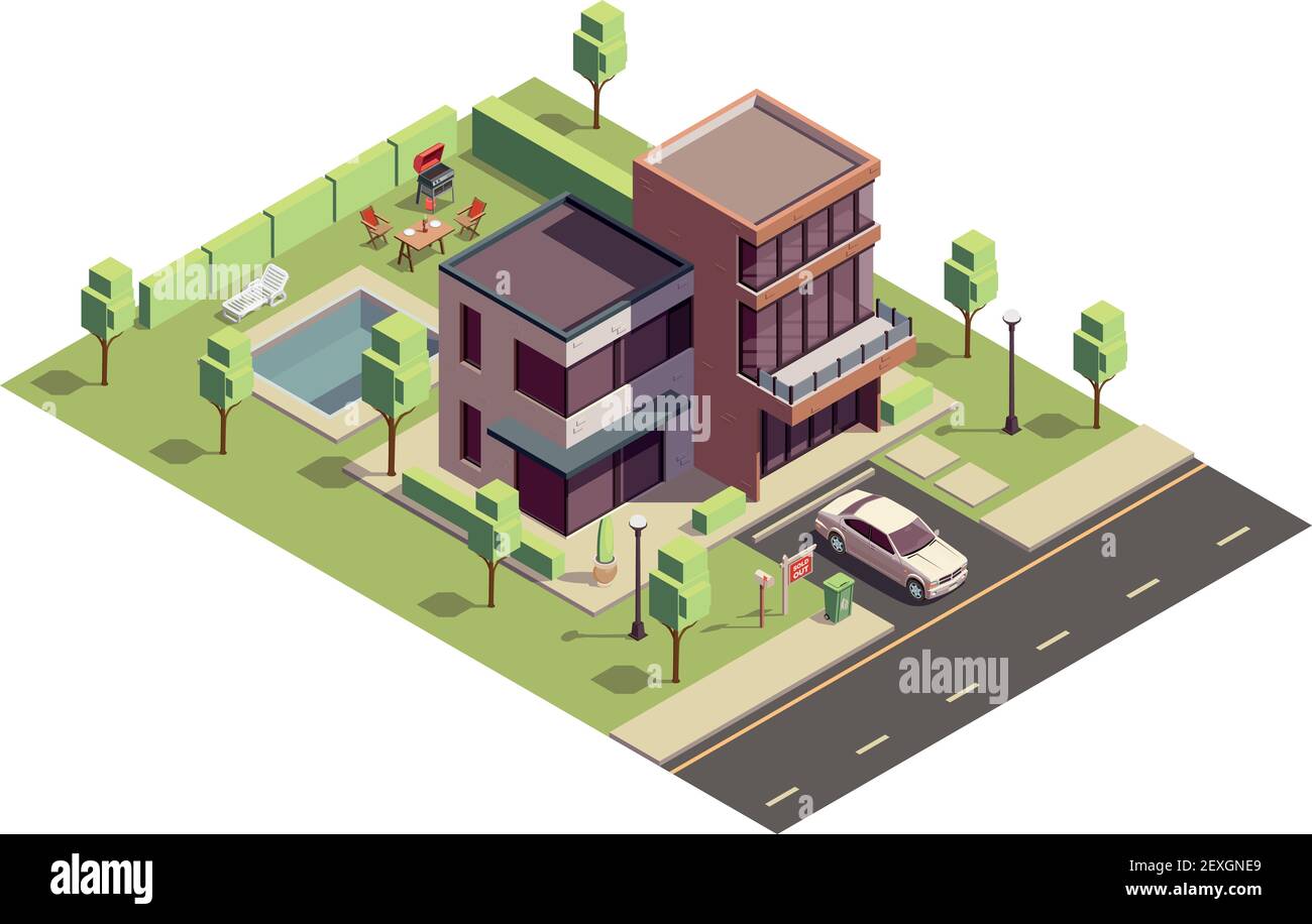 Suburbian buildings isometric composition with above view of private residential building with car and backyard pool vector illustration Stock Vector