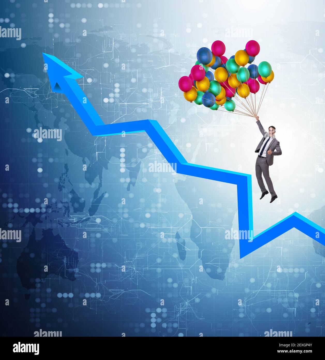 Graph Balloons Rising The businessman flying on balloons over graph Stock Photo - Alamy
