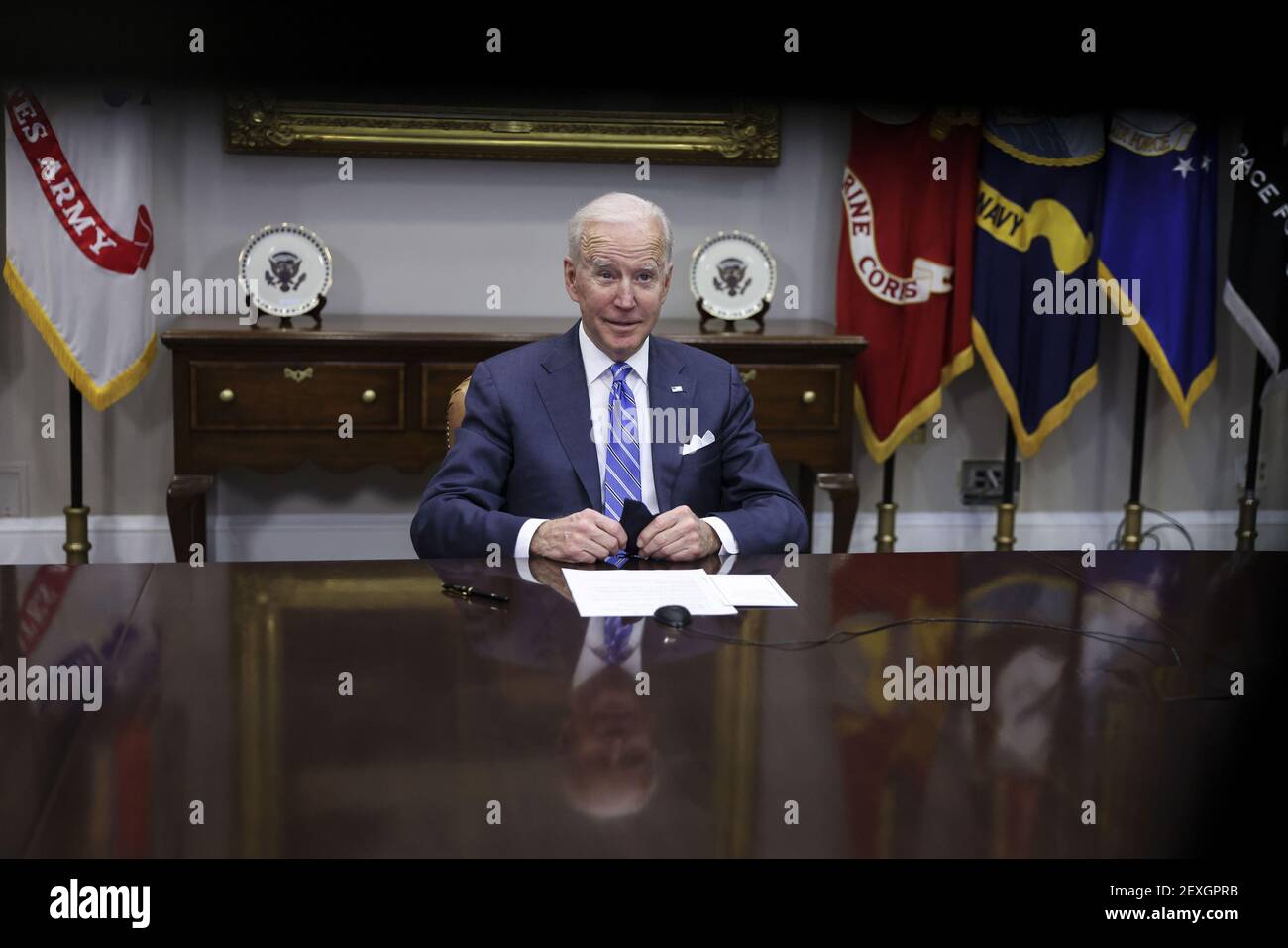 Washington, United States. 04th Mar, 2021. President Joe Biden speaks during a virtual call to congratulate the NASA JPL Perseverance team on the successful Mars Landing in the Roosevelt Room of the White House on Thursday, March 4, 2021 in Washington, DC. Pool Photo by Oliver Contreras/UPI Credit: UPI/Alamy Live News Stock Photo
