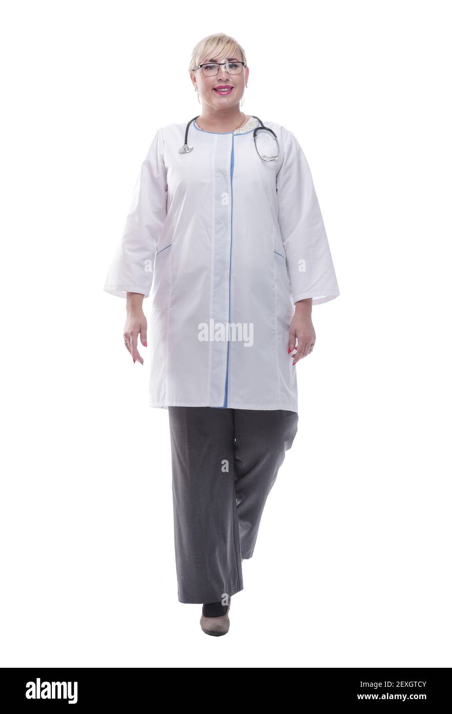 confident woman doctor goes to help. isolated on a white Stock Photo ...
