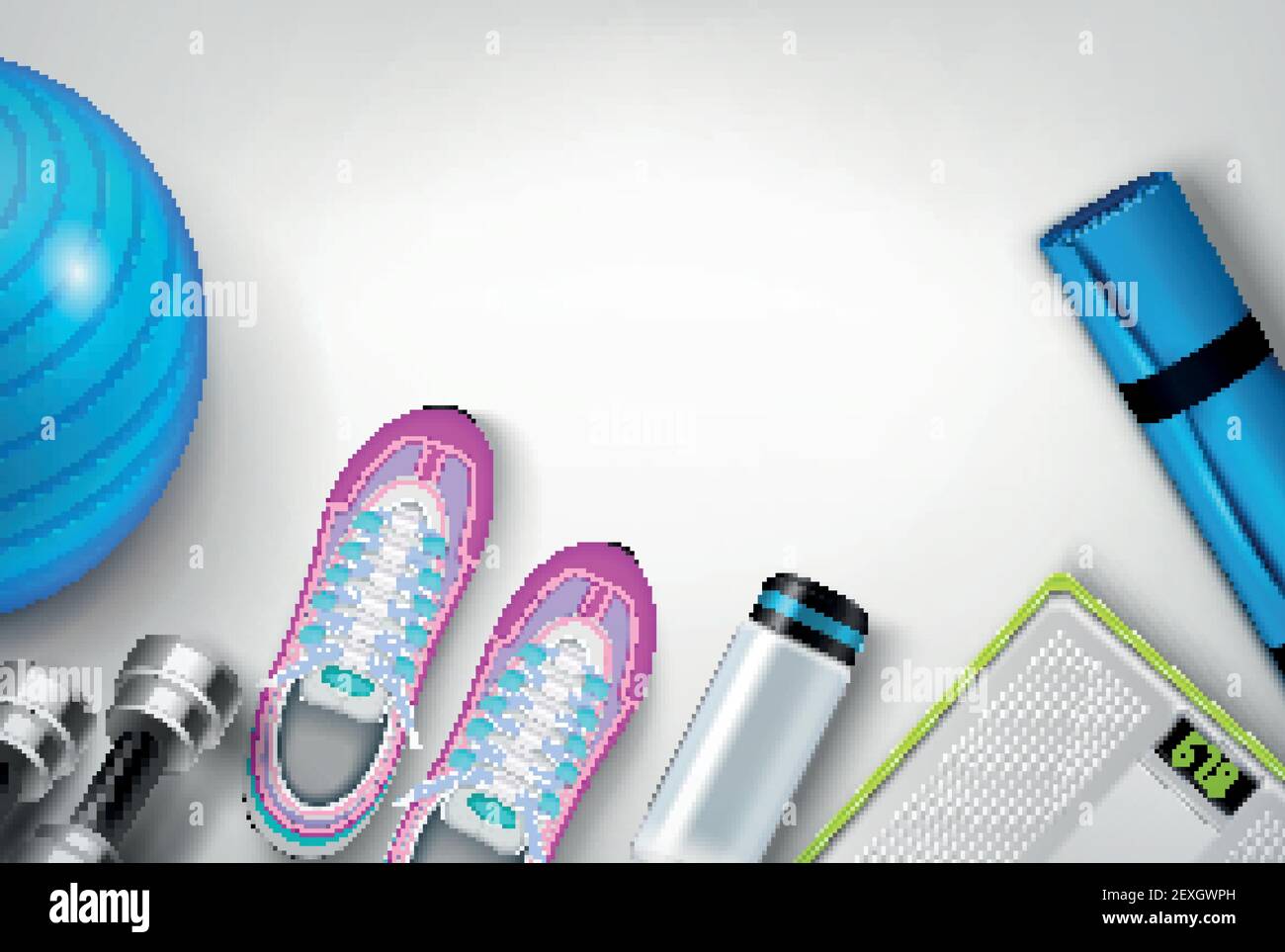 Fitness shoes sneakers water bottle mat scale dumbbells exercise ball