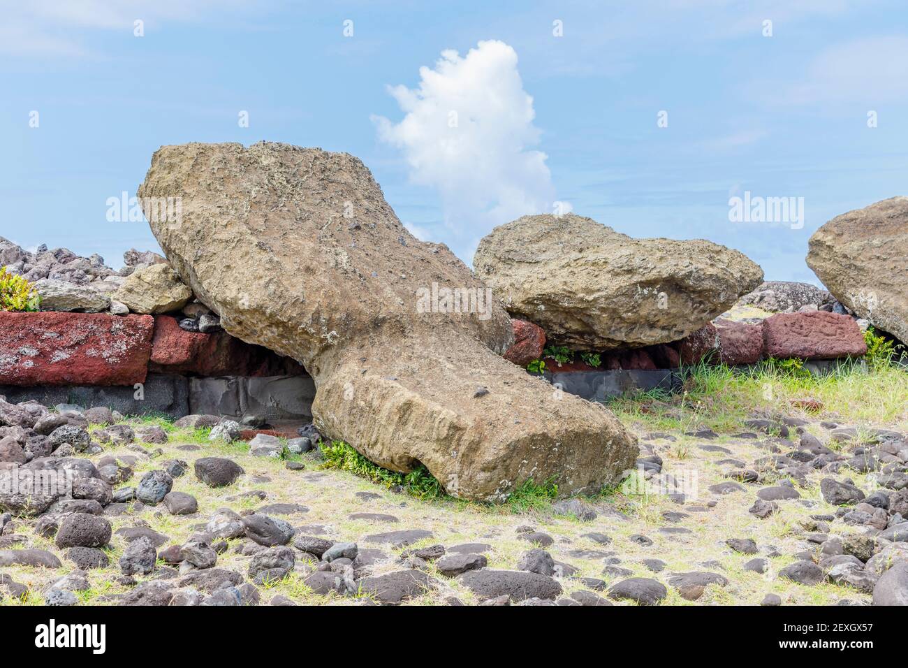 Fallen toppled moai (statues) and pukao (topknots) at Ahu Akahanga on