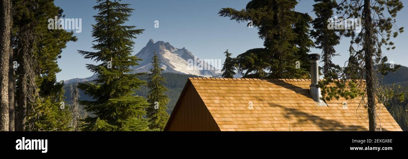 Panoramic View of Cabin Rooftops Around Lake Near Mount Jefferson Stock