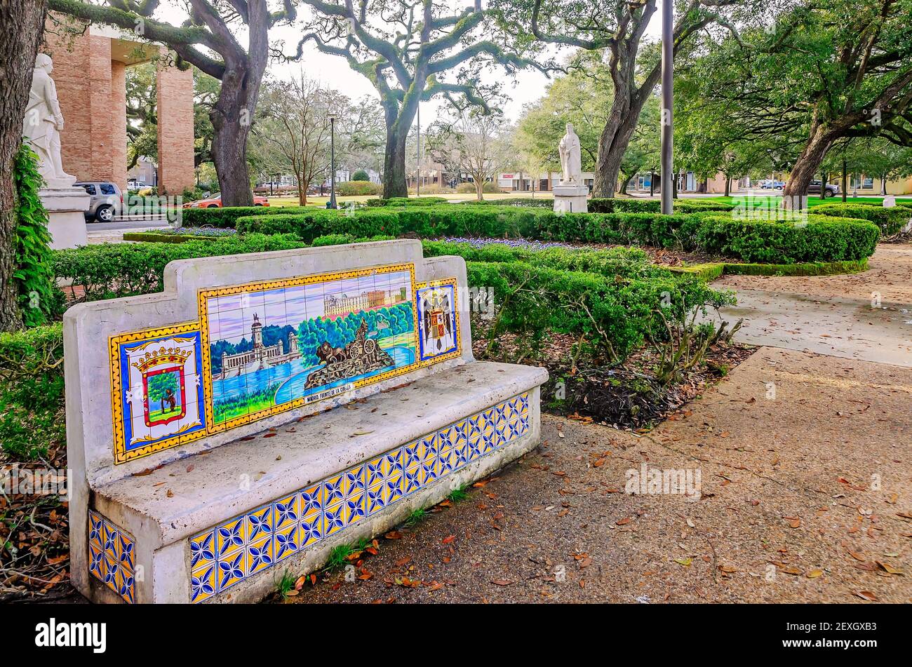 A tile mosaic bench stands in front of the fountain at Spanish Plaza, Feb. 27, 2021, in Mobile, Alabama. Mobile was ruled by Spain from 1780 to 1813. Stock Photo