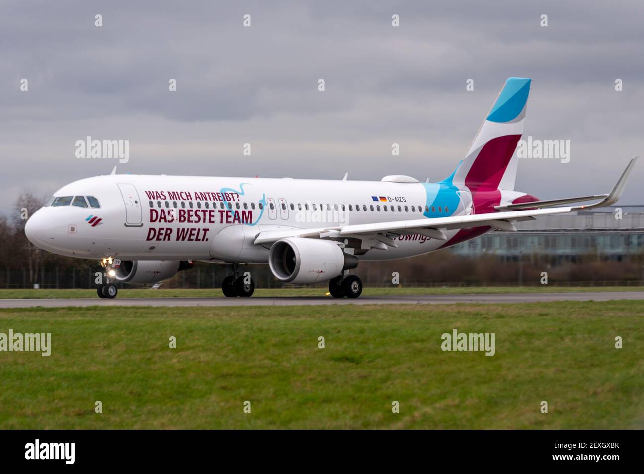 Eurowings has added a message onto one of their Airbus A320 airliner planes to thank their employees for their efforts during the COVID 19 pandemic Stock Photo