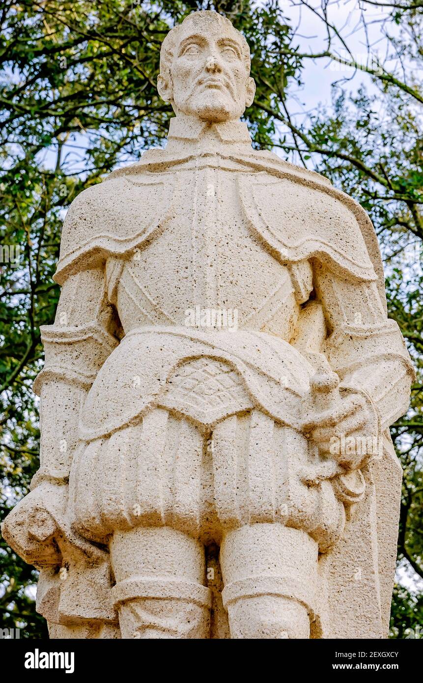 A statue of Spanish explorer Hernando de Soto stands in Spanish Plaza