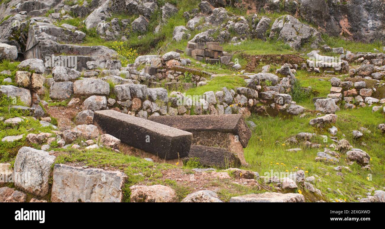 Inca ruins at temple to the moon, ancient walls with large stones and ...