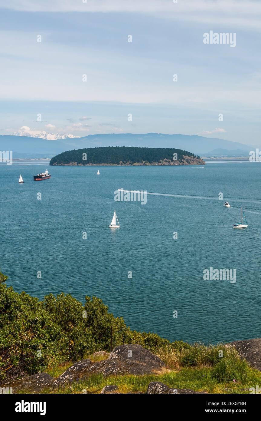 View of Hat Island near the Port of Anacortes from Cap Sante Park in