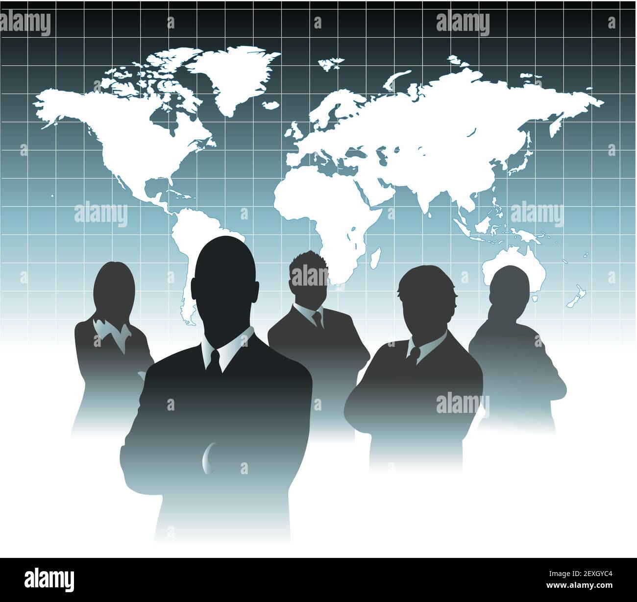 Businessman team in front of world map Stock Photo