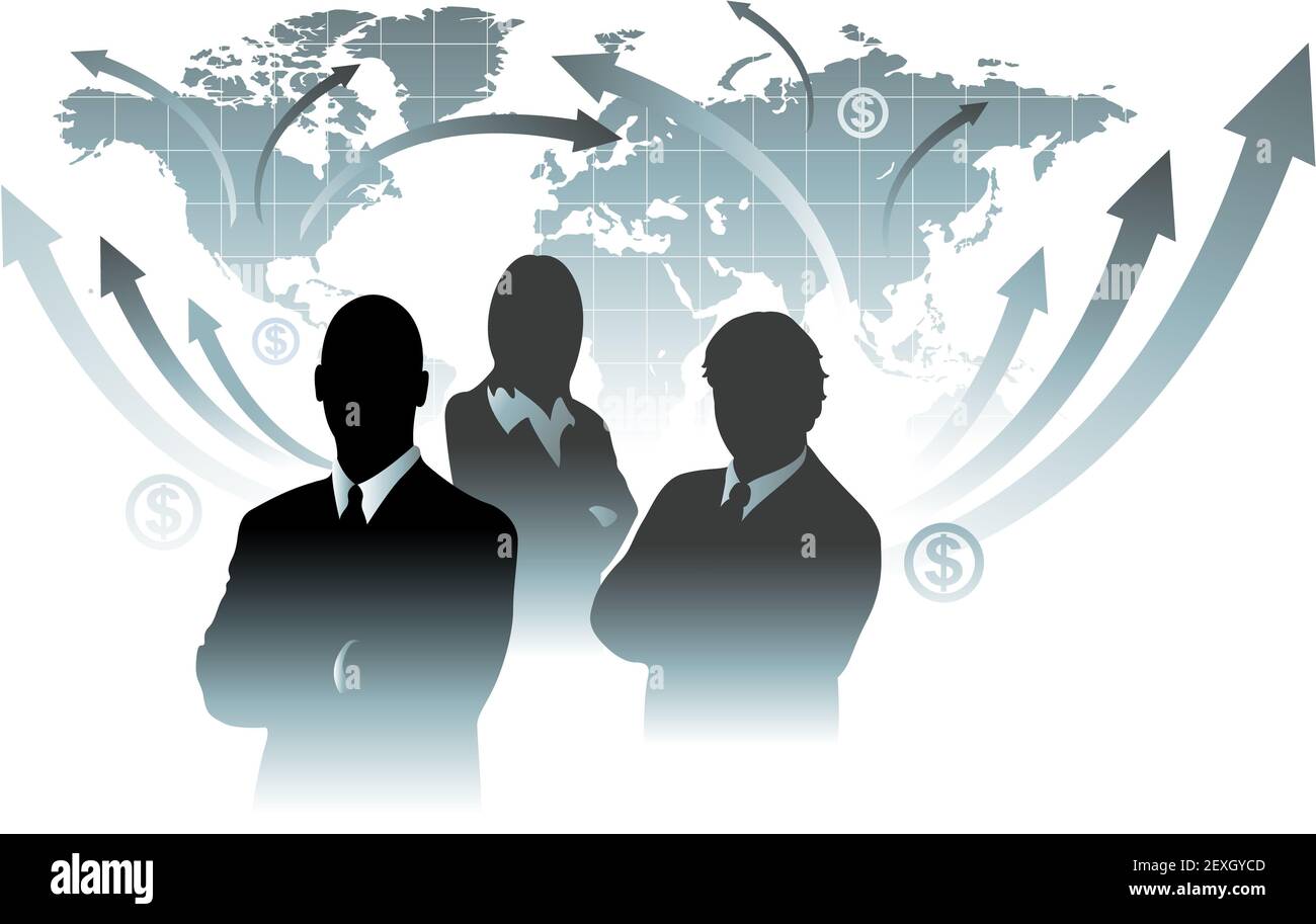 Businessman team in front of world map Stock Photo