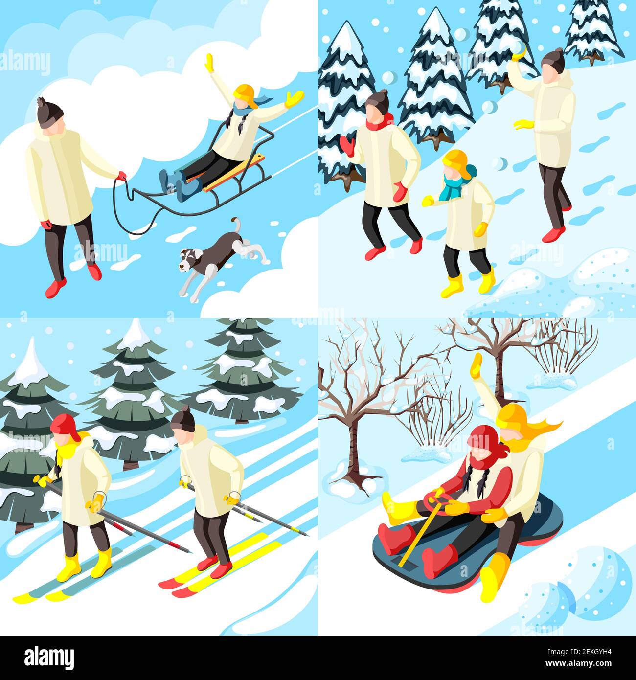 Family during winter holidays sledding game in snow balls and skiing