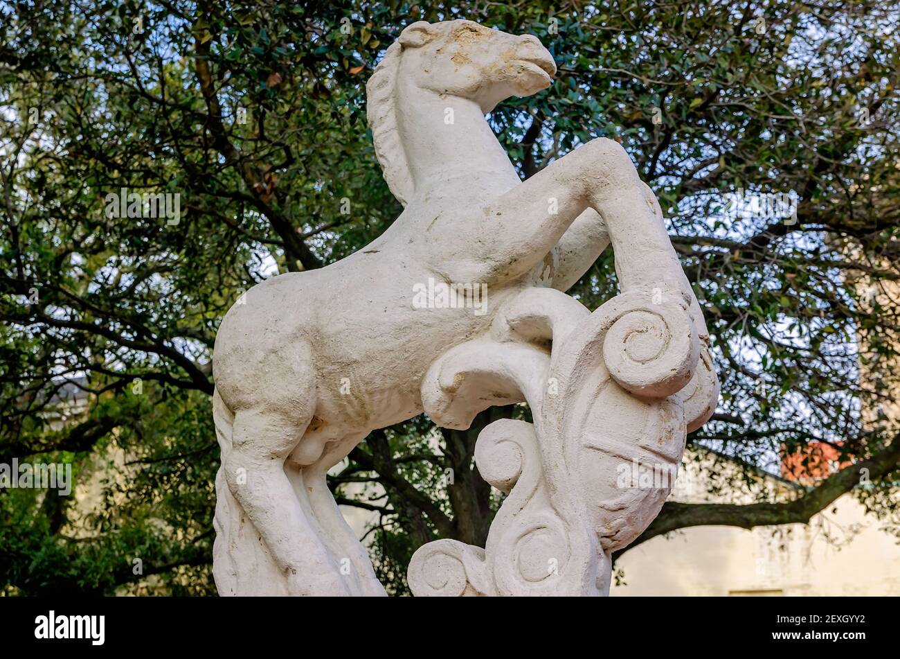 The Little Colt statue stands in Spanish Plaza in Mobile, Alabama. The