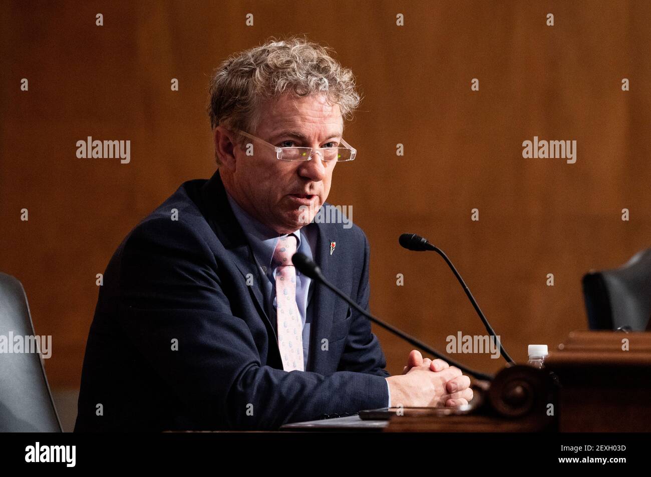 U.S. Senator Rand Paul (R-KY) speaks at a hearing of the Senate Homeland Security and Governmental Affairs committee. Stock Photo