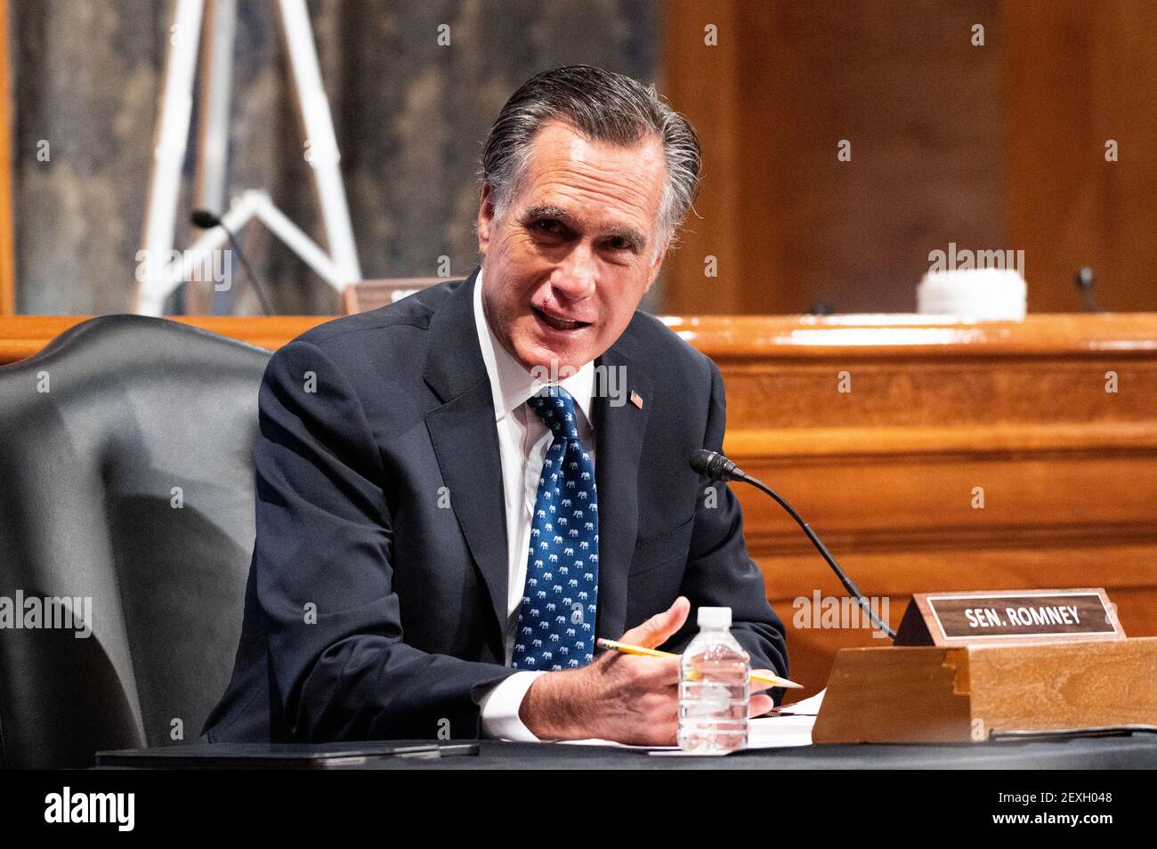 U.S. Senator Mitt Romney (R-UT) speaks at a hearing of the Senate Homeland Security and Governmental Affairs committee. Stock Photo