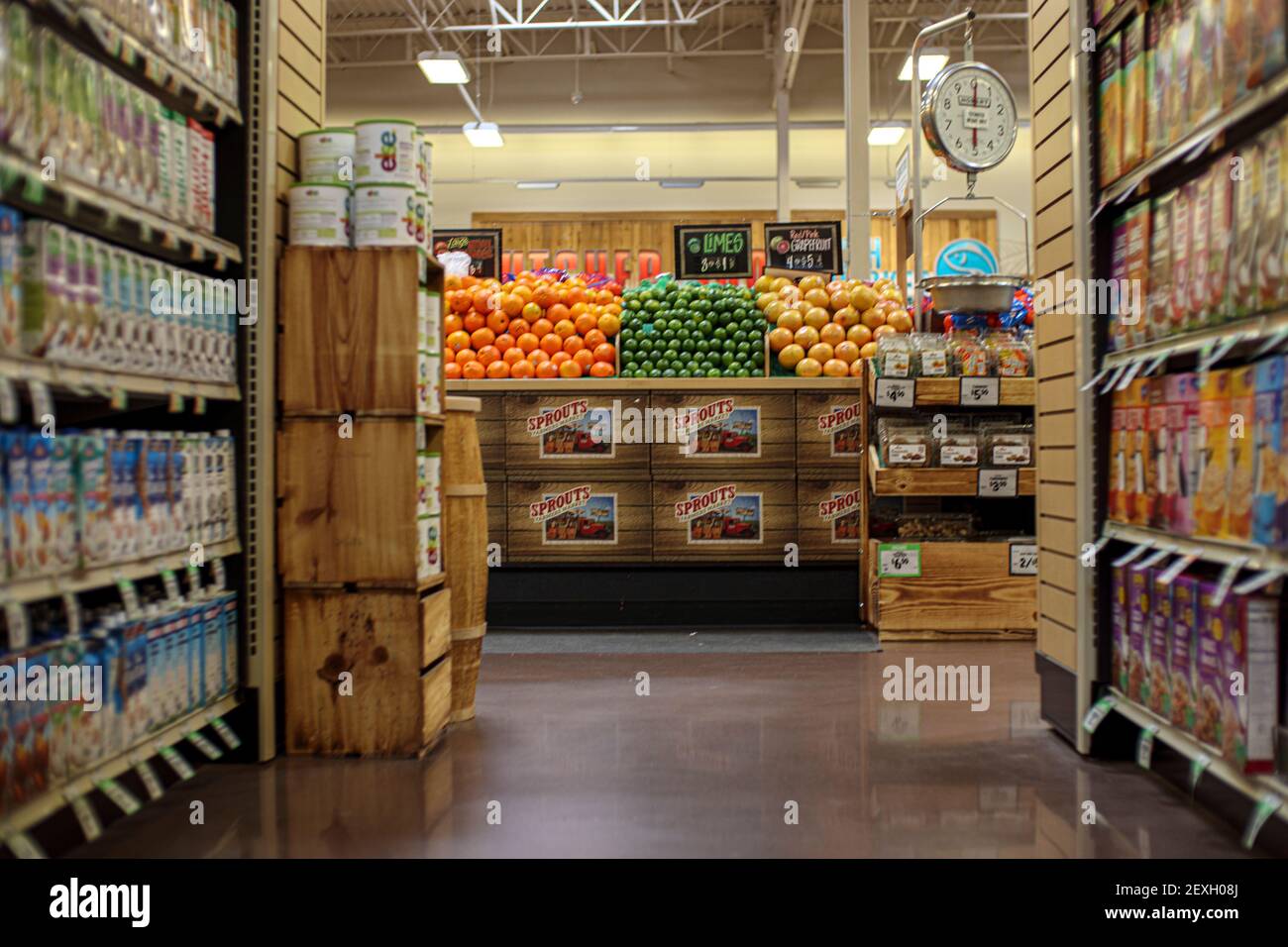 Augusta, Ga USA 03 04 21 Sprouts retail grocery store supermarket low view of produce from