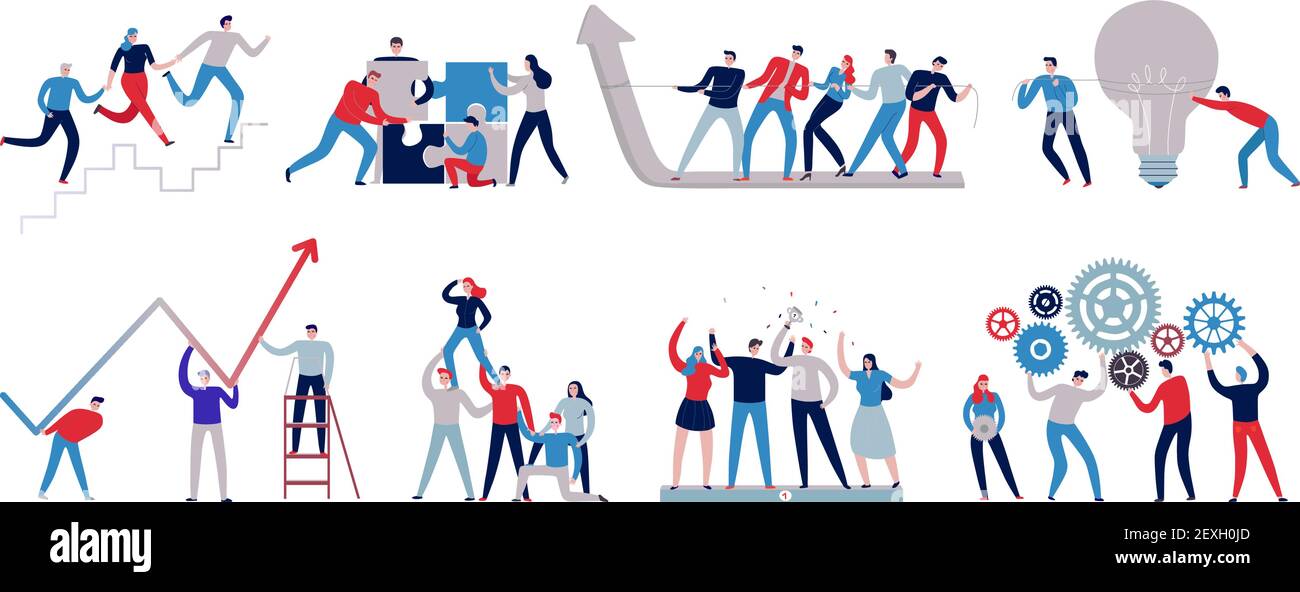 Flat colorful teamwork icons set with staff working together isolated ...
