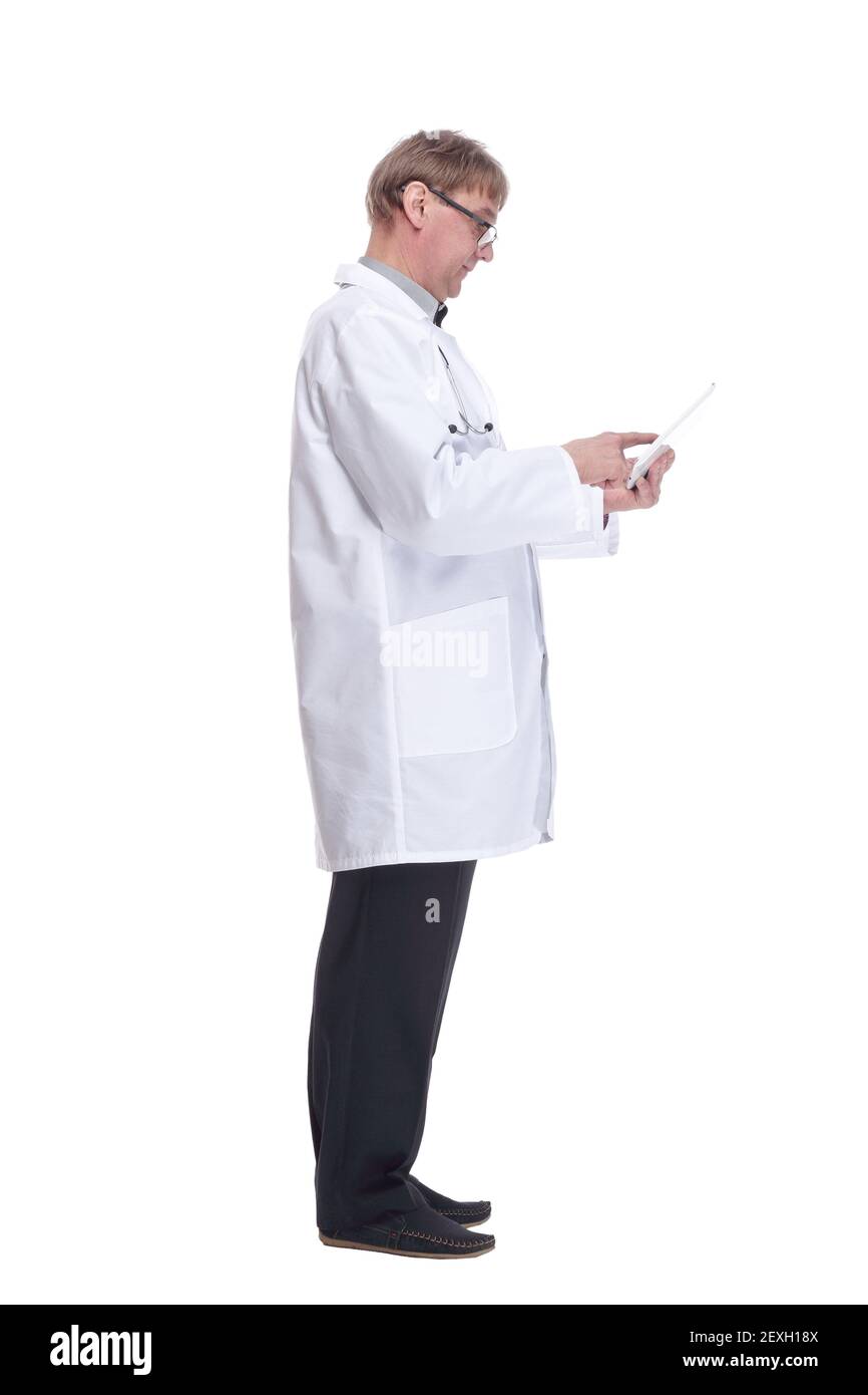 attending doctor using a digital tablet.isolated on a white background. Stock Photo