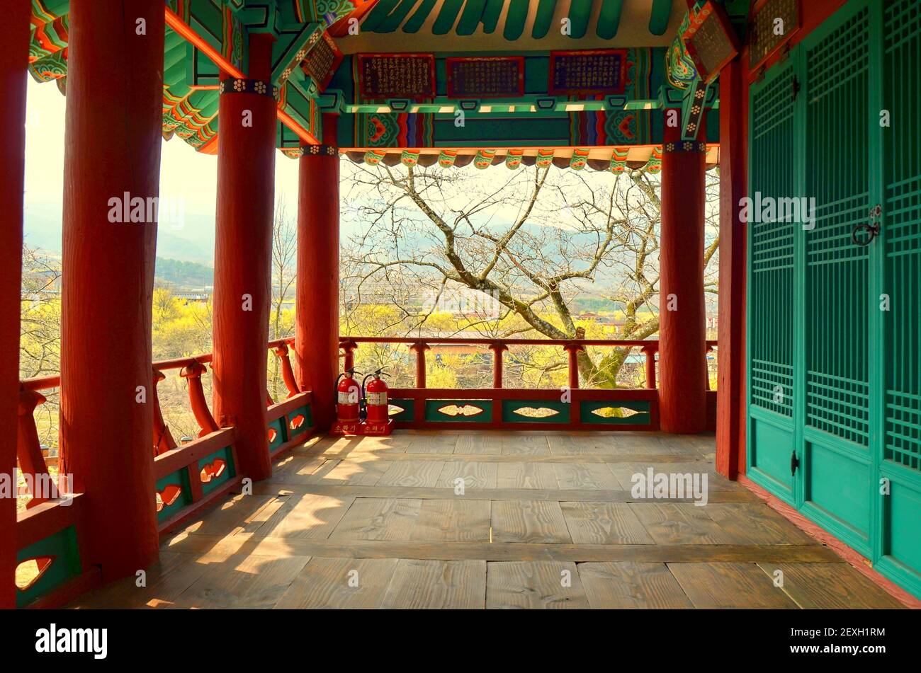 Traditional architecture in Gurye village, during Sansuyu flower festival, South Korea, 03-26-2016 Stock Photo