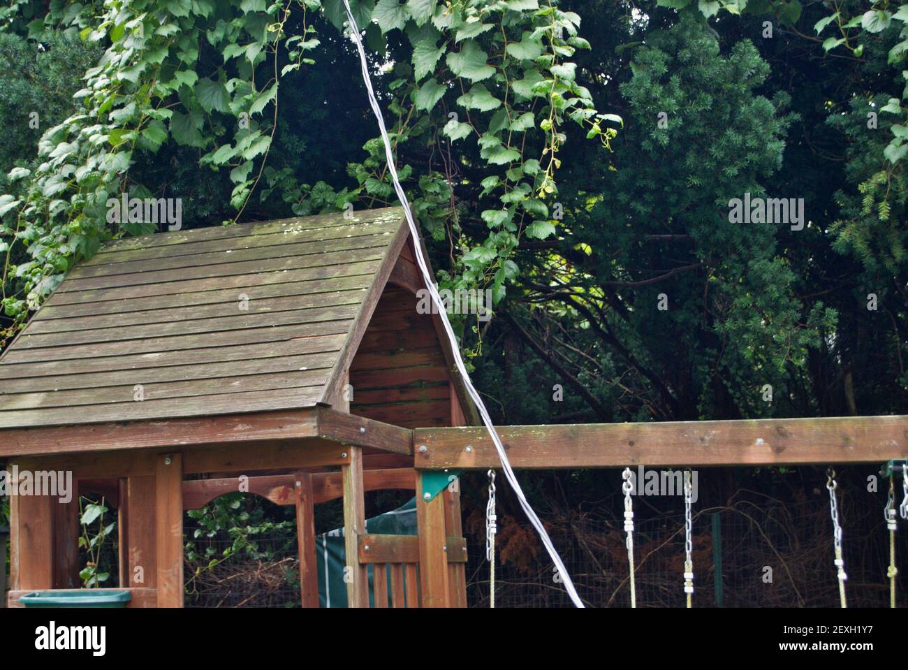 Dangerous live downed power line draped across backyard playground