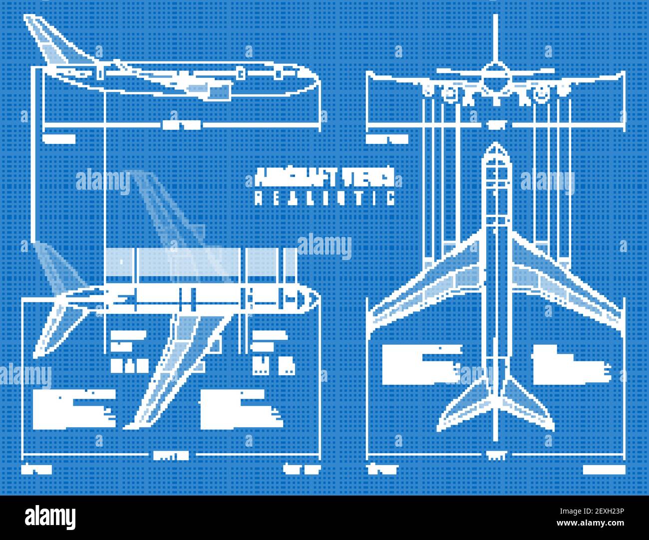 Aviation industrial dimensioned drawing blueprint of outline airplane top side and front views realistic vector illustration Stock Vector