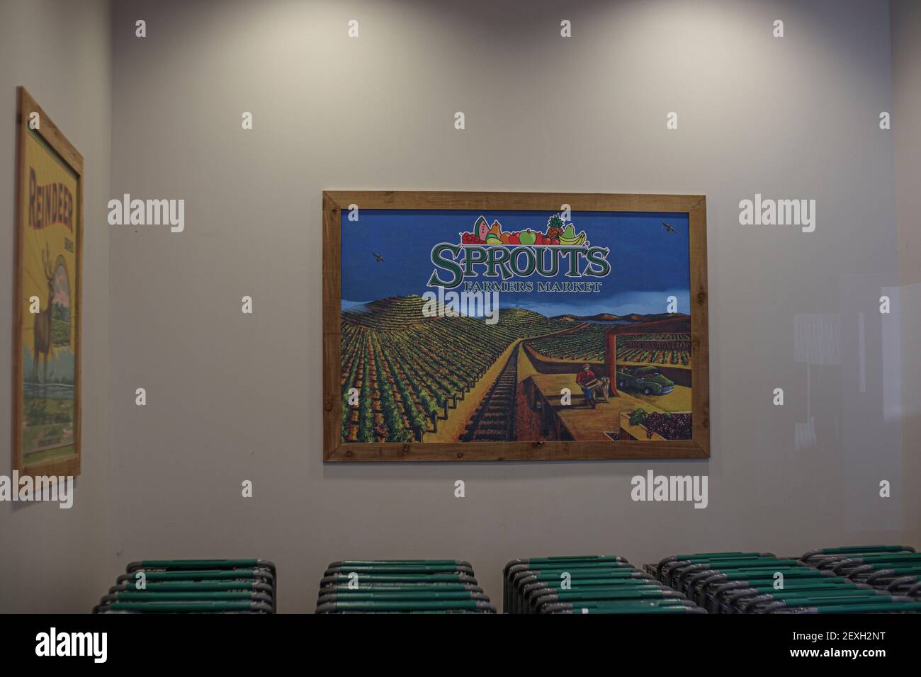 Augusta, Ga USA 03 04 21 Sprouts retail grocery store supermarket low view of picture on wall